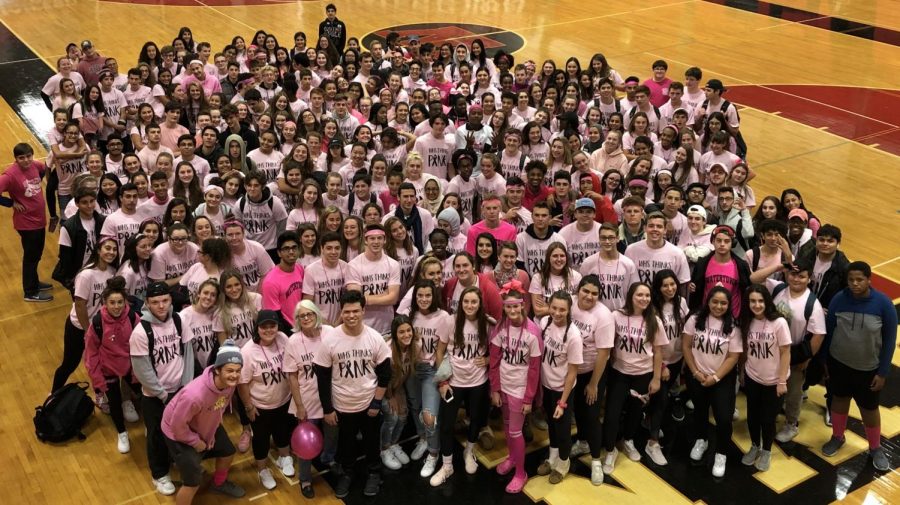 Watertown High School students gathered in the gym as part of the Think Pink events Thursday, Oct. 18, 2018.