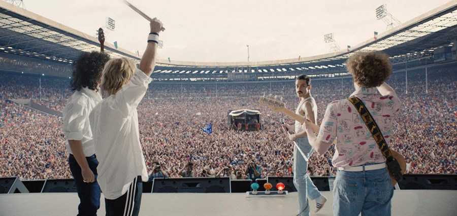 Gwilym Lee, Ben Hardy, Rami Malek, and Joseph Mazzello portray the band Queen in Bohemian Rhapsody.