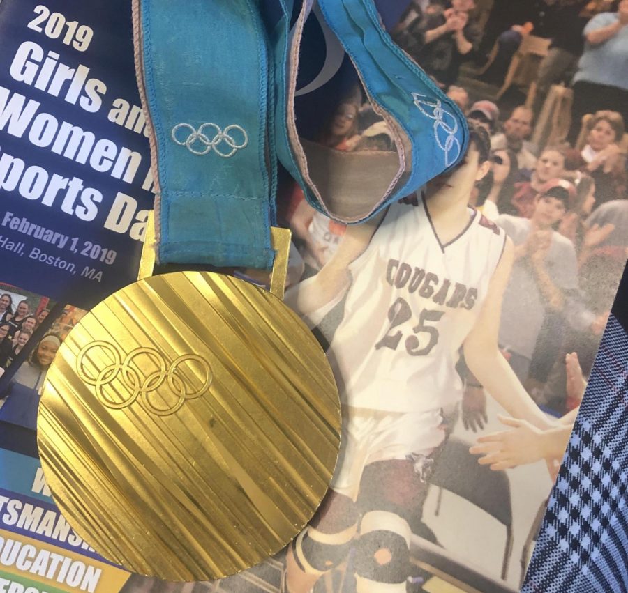 Amanda Pelkey’s gold medal was out for everyone to see at the annual MIAA Girls and Women in Sports Day at Faneuil Hall on Feb. 1, 2019.