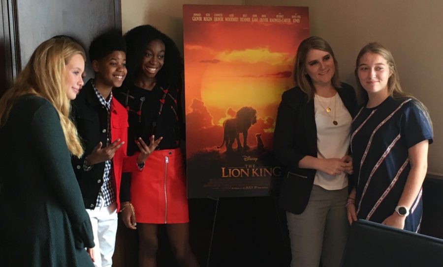 Shahadi Wright Joseph (center) and JD McCrary (second from left) pose with student reporters after an interview to promote The Lion King at Boston Harbor Hotel on Thursday, July 18, 2019.