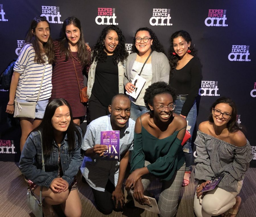 Student reporters from six Boston-area schools -- including the Raider Times from Watertown High School -- pose with Nicole Kyoung-Mi Lambert (back row center), who played Anna of Cleaves in that nights production of “Six” at American Repertory Theater.