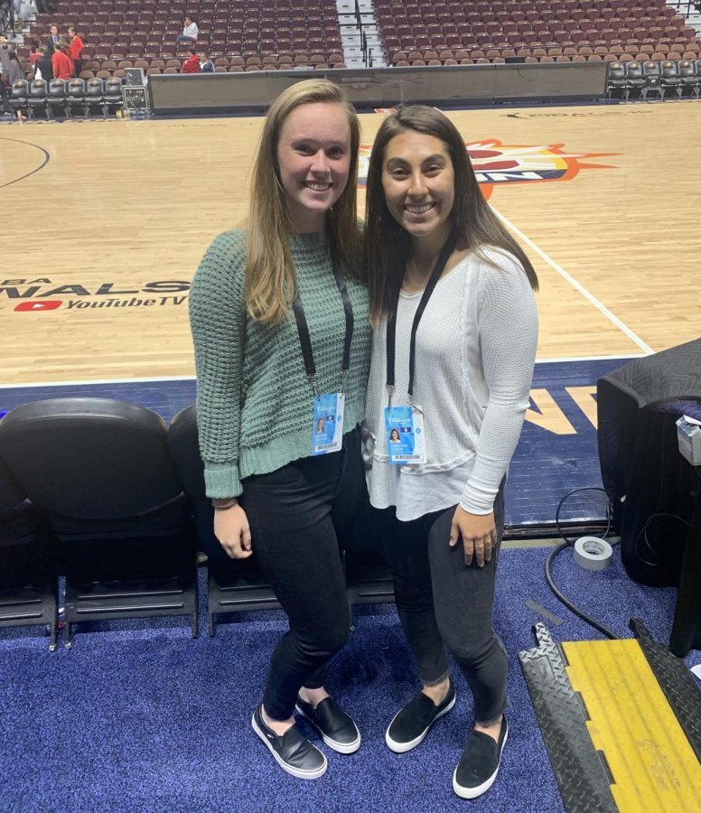 Raider Times reporters Brianna Williams (left) and Christina Zouein pose courtside after covering Game 3 of the WNBA Finals at Mohegan Sun Arena on Oct. 6, 2019.