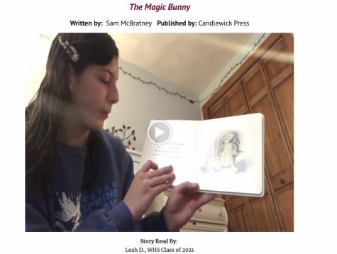 A screenshot captures Leah DAmico, a Watertown High School junior, reading aloud The Magic Bunny by Sam McBratney.
