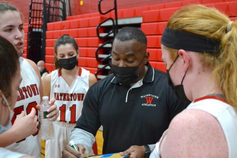 Pat Ferdinand, a coach and counselor at Watertown High, talks strategy during the girls basketball teams 40-29 win over visiting Wilmington on Feb. 10, 2021.