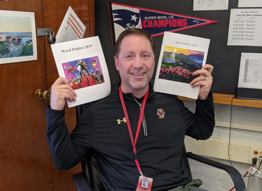 Malcolm Cooke, adviser for the Word Painter art and literary magazine at Watertown High School, poses with some past copies in his office.