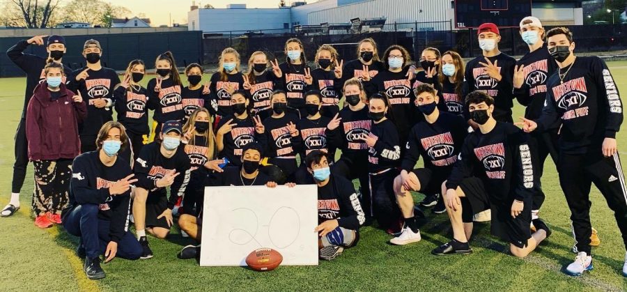 Watertown Highs victorious Class of 2021 team poses after winning the 29th annual Powderpuff football game against the Class of 2022 at Victory Field on Tuesday, April 13, 2021.