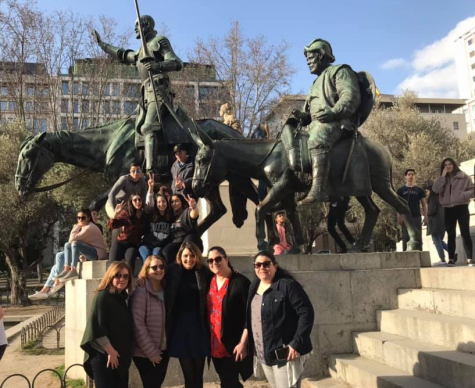 Watertown High students and teachers pose at the Don Quixote monument in the La Plaza de España in Madrid during the February 2019 trip.