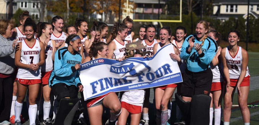 The Watertown High field hockey celebrates its 6-0 win in its MIAA Division 3 quarterfinal with visiting Dover-Sherborn on Saturday, Nov. 13, 2021, at Victory Field.