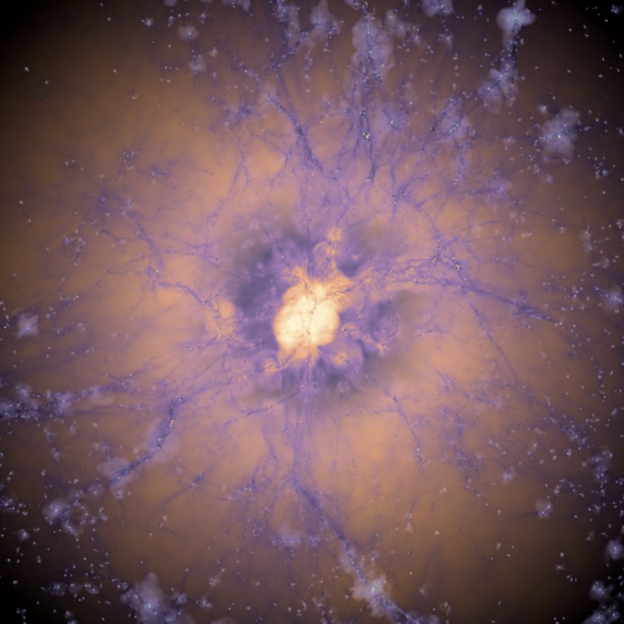 A galaxy protocluster at redshift z=5.5 (the very early universe). The inner regions of the maps show the temperature of the gas, the middle regions show the photon density in the gas, and the outer regions showing metallicity. 