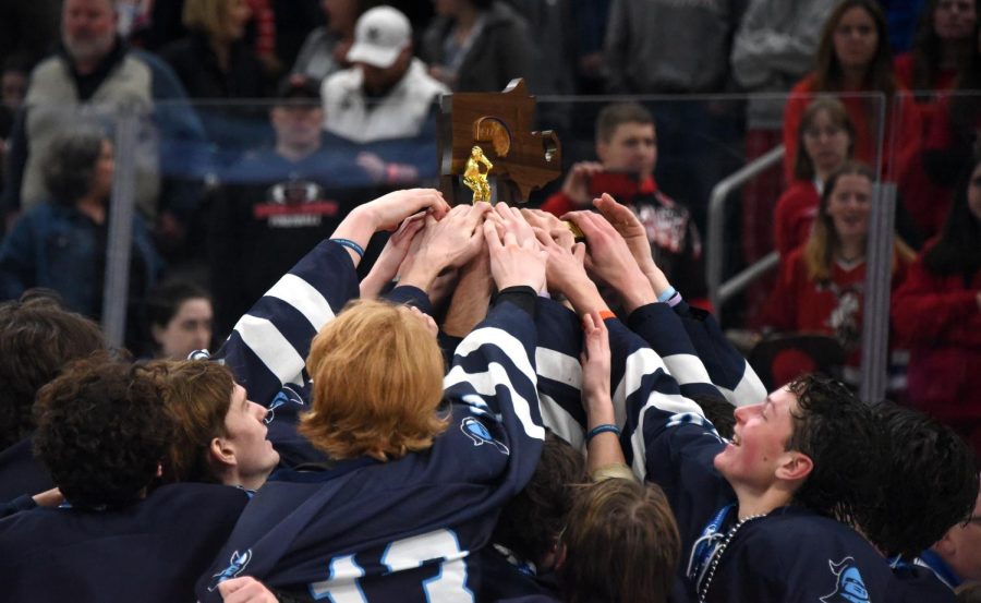 Sandwich celebrates its 3-2 double-overtime victory over Watertown in the MIAA Division 4 state title game at TD Garden on Sunday, March 20, 2022.