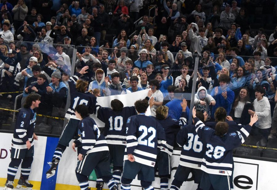 Sandwich players celebrate their 3-2 double-overtime victory over Watertown in the MIAA Division 4 state title game at TD Garden on Sunday, March 20, 2022.