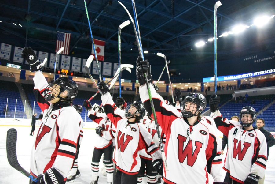 Watertown High players salute their fans after defeating Stoneham, 4-3, in the Division 4 state semifinals Monday, March 14, 2022, at Tsongas Arena in Lowell.
