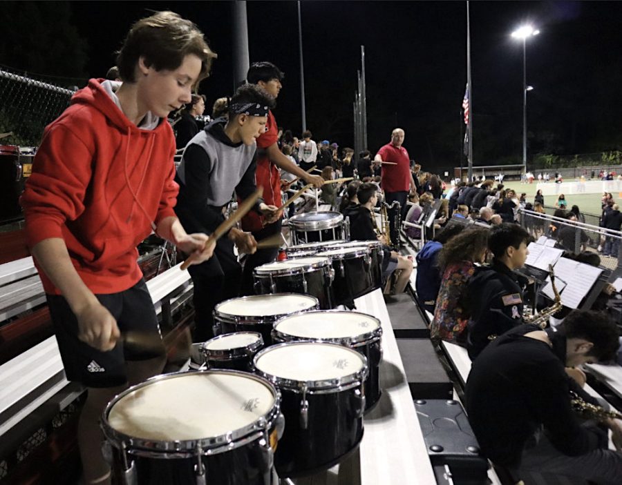 The Watertown High School band provided the beat from the Victory Field stands Sept. 16, 2022, while the Raiders football team was busy beating Hamilton-Wenham, 28-7.