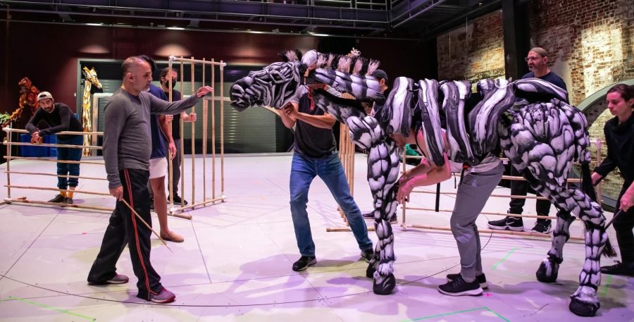 Sathya Sridharan (“Mamajhi/Pandit-Ji”); Rajesh Bose (“Father”); and puppeteers Avery Glymph, Andrew Wilson, and Betsy Rosen as the Zebra during rehearsal for Life of Pi at American Repertory Theater, which will run Dec. 4 through Jan. 29, 2023.